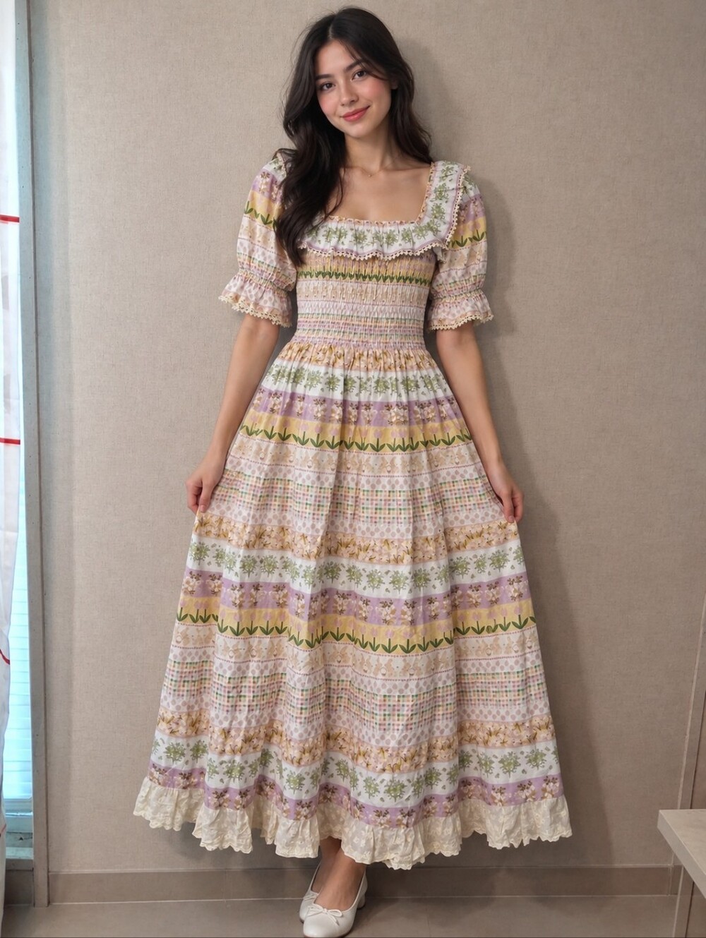 Ivy City Co Boxwood Blossoms Smocked Square-Neck Maxi Dress in Lavender Floral